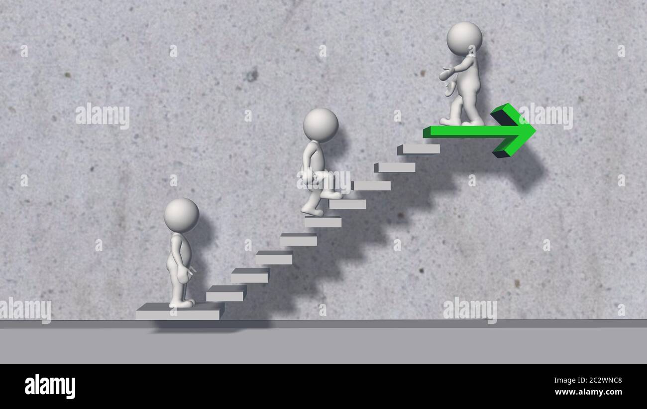 Steps. Figure Stair steps with 3D figure and green arrow against a gray concrete wall ...