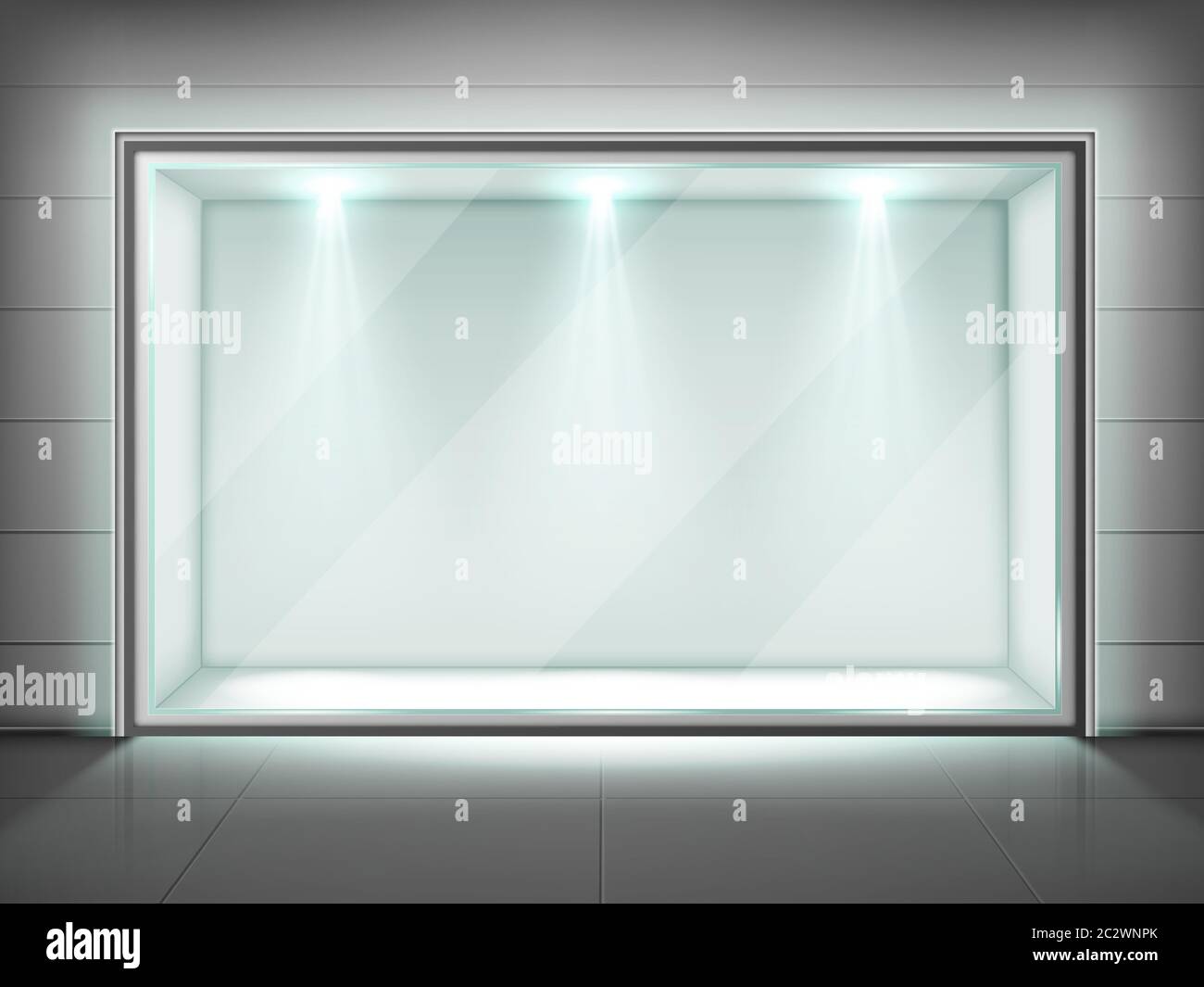 Glass wall frame, transparent showcase with spotlight illumination in empty exhibition room in museum, gallery presentation. Exposition hall interior Stock Vector