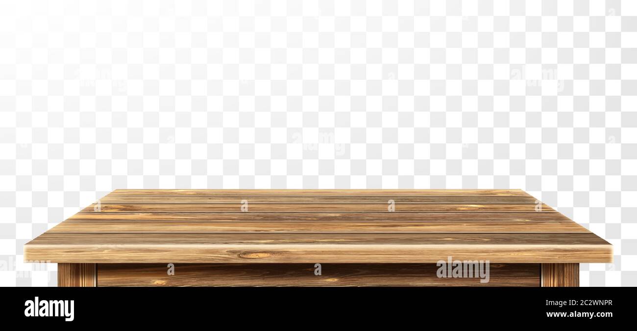 Wooden table top with aged surface, realistic vector illustration. Vintage dining table made of darkened wood, realistic plank texture. Empty desk top Stock Vector