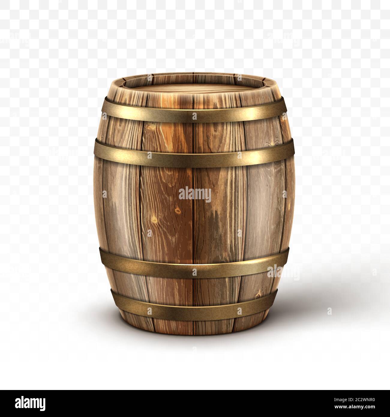 Wooden barrel for wine or beer. Cask from oak wood with copper or iron rings. Vector realistic keg for whiskey, rum or cognac isolated on transparent Stock Vector