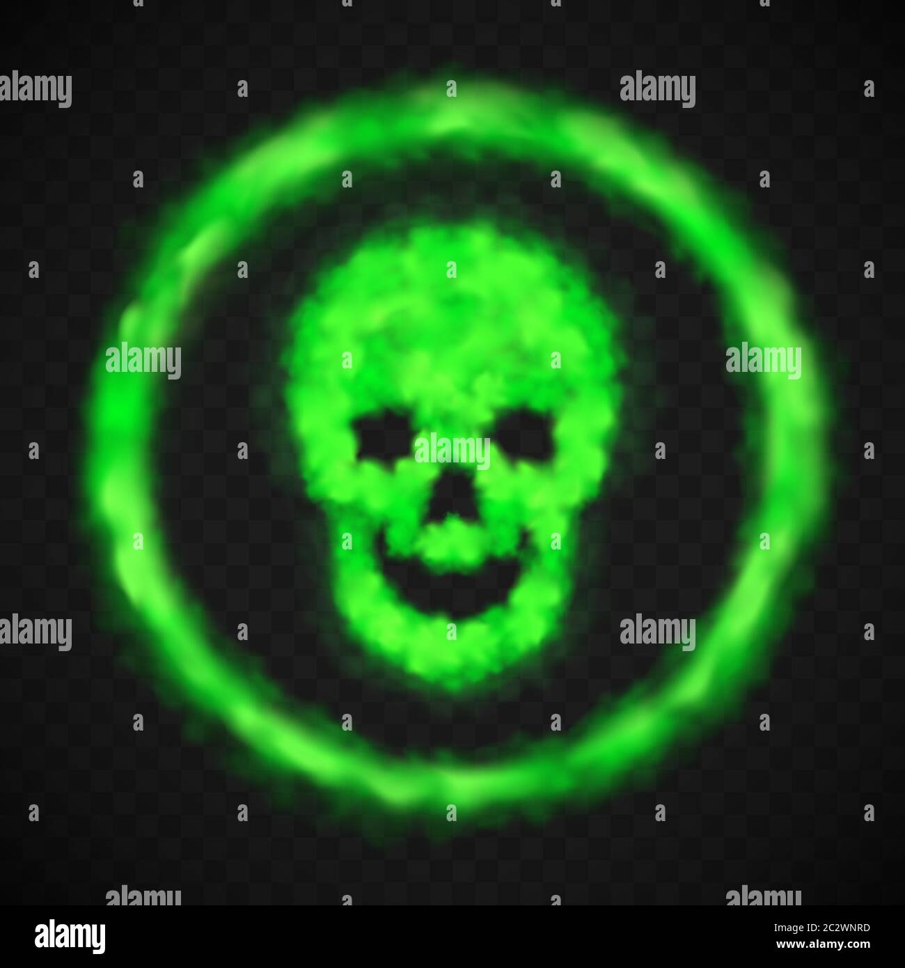 Green smoke skull sign in circle. Vector warning danger symbol in shape of human skeleton face from chemical toxic steam or stench gases isolated on t Stock Vector