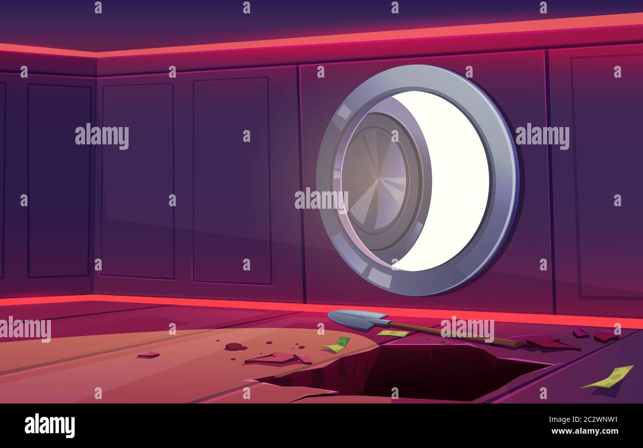 Robbery from bank vault safe. Vector cartoon illustration of empty room ...