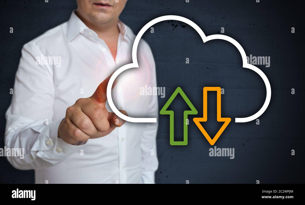 Data cloud touchscreen is operated by man concept. Stock Photo