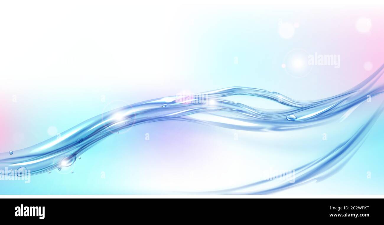 Water splash, flowing water stream realistic vector illustration, background. Blue transparent liquid flow with air bubbles, clear texture, banner Stock Vector