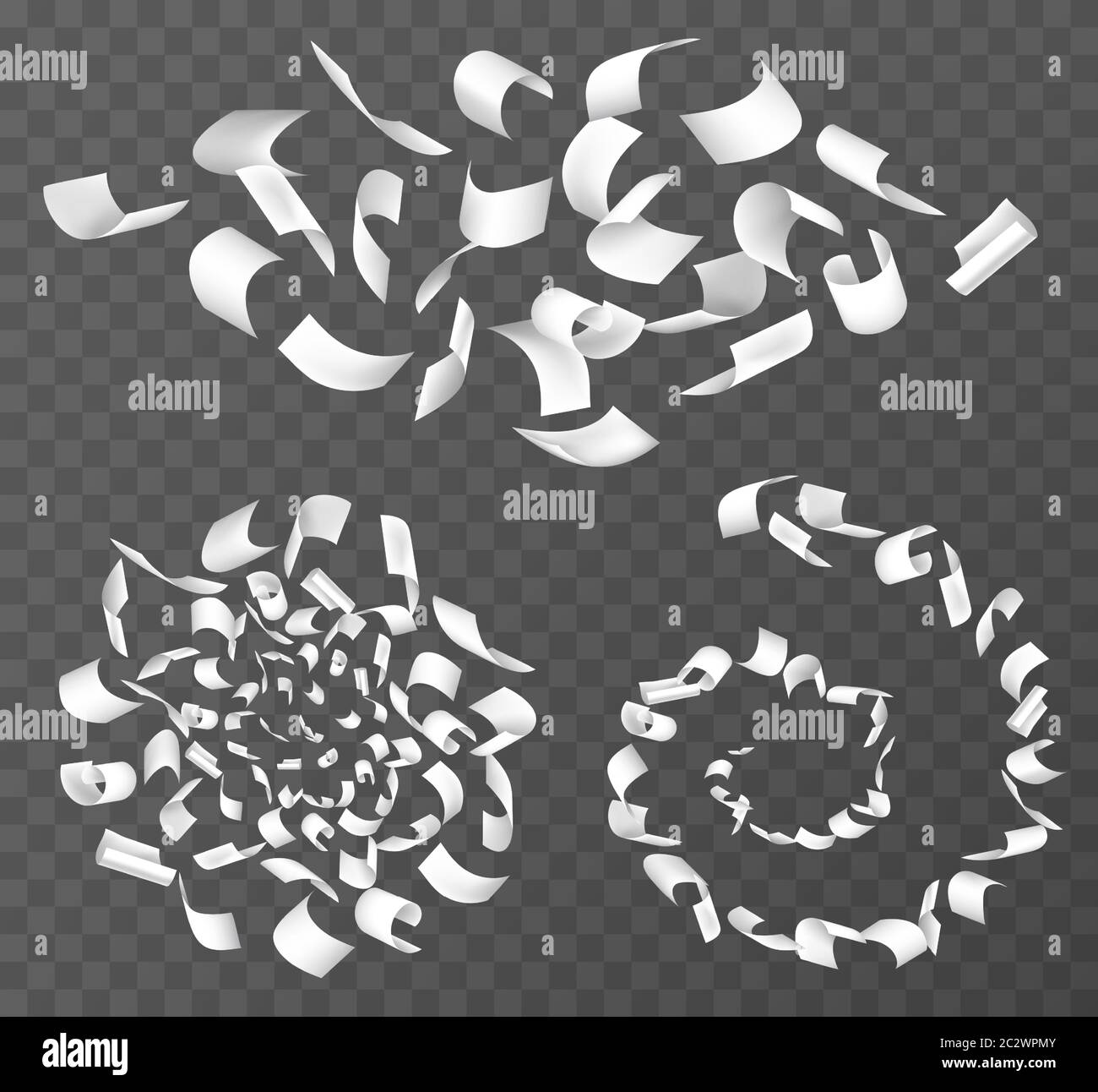 Flying white paper sheets in air. Falling blank note pages with curved corners. Vector realistic set of chaotic flight of paper pieces on wind isolate Stock Vector