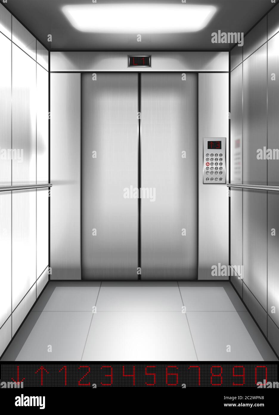 Realistic elevator cabin with closed doors inside view. Empty lift interior with chrome metal buttons and digital panel, office, hotel or dwelling ind Stock Vector