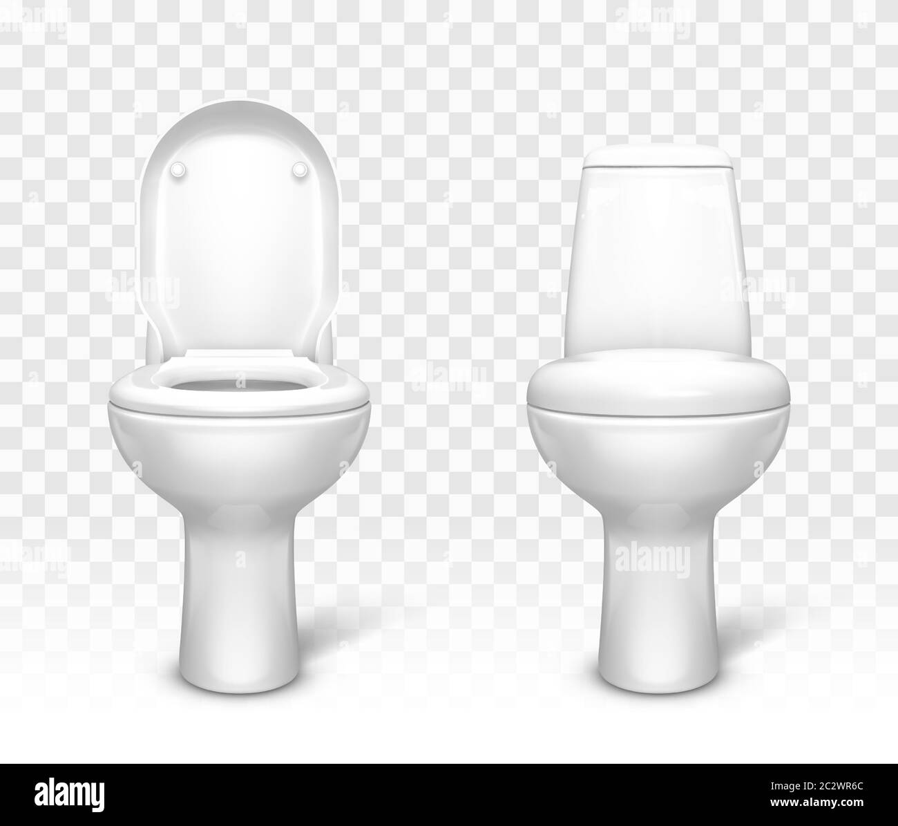 Toilet with seat set. White ceramic lavatory bowl with closed and open lid front view mockup template for interior design isolated on transparent back Stock Vector