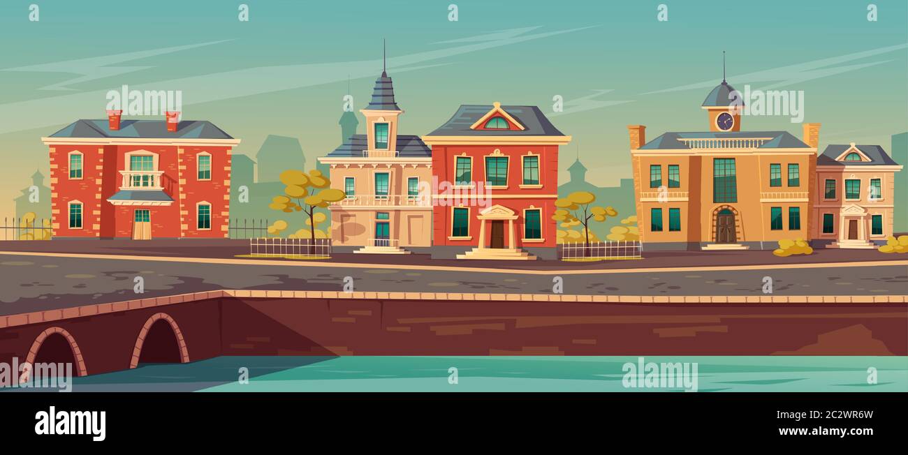 19th century town street with european buildings and lake promenade. Vector cartoon illustration of city landscape with old vintage architecture. Retr Stock Vector