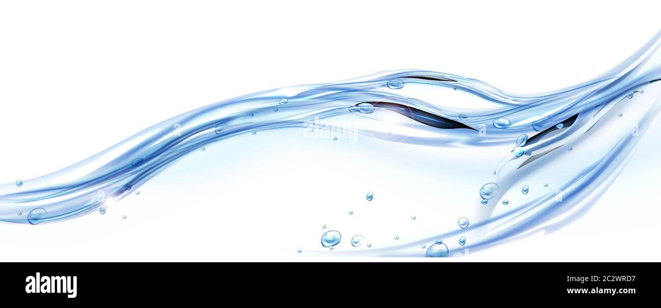 Water splash, flowing water stream realistic vector illustration, isolated on background. Blue transparent liquid flow with air bubbles, clear texture Stock Vector