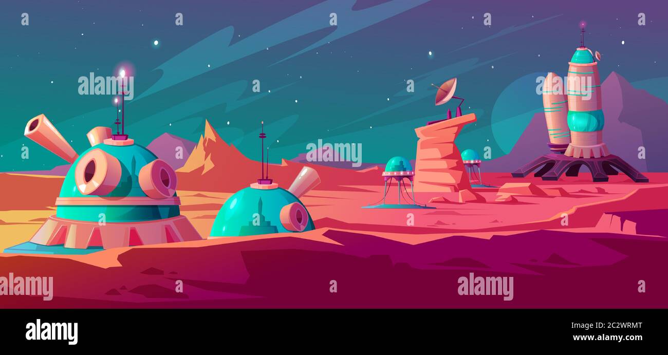 Landscape of Mars surface with colony buildings. Astronaut base on red planet. Vector cartoon futuristic illustration of space colonization, cosmos ex Stock Vector