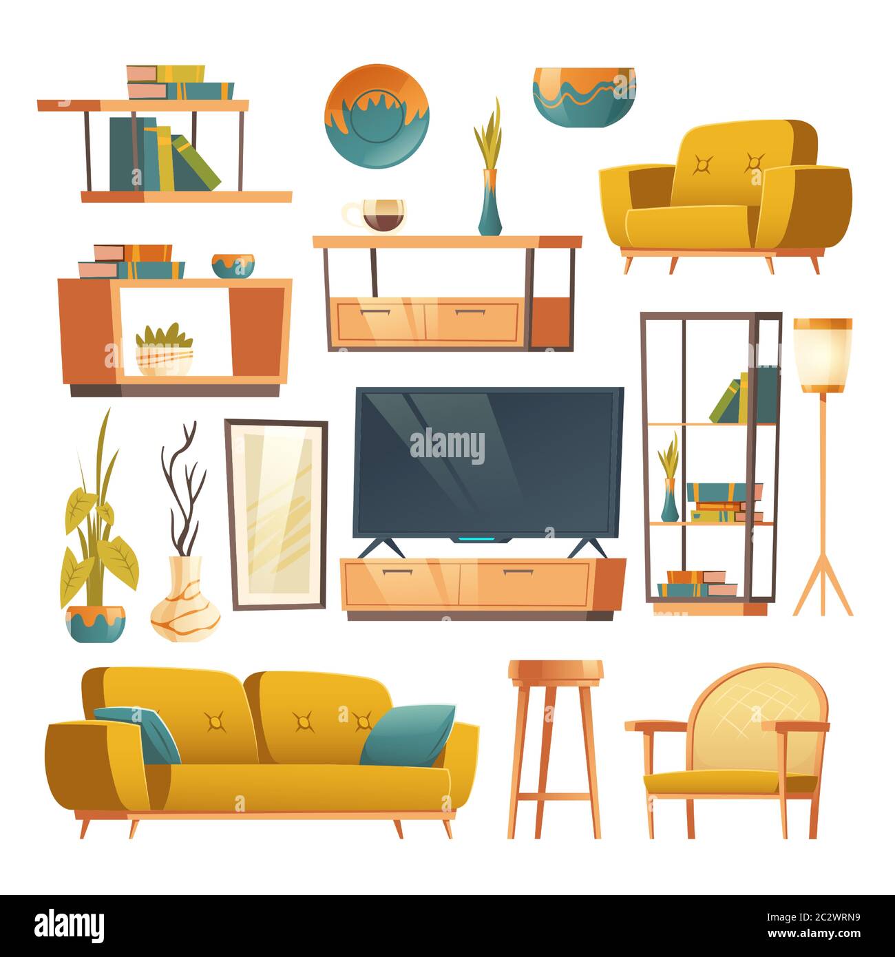 Living room interior set with sofa, armchair, bookshelves and tv. Vector  cartoon furniture collection for house, modern decor, floor lamp and spring  p Stock Vector Image & Art - Alamy