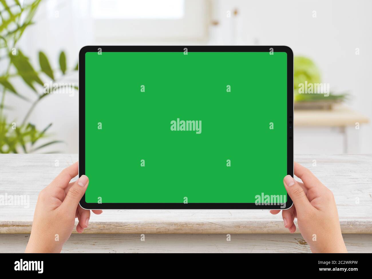 Isolated human two hands holding black tablet media device with white green screen mockup and wooden table in kitchen Stock Photo
