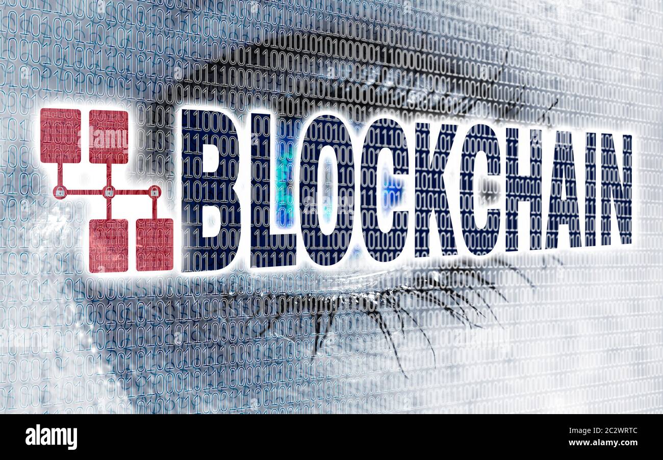 Blockchain eye with matrix looks on viewer concept Stock Photo - Alamy