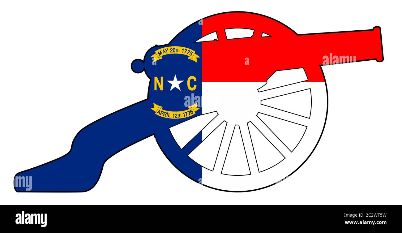 Typical American civil war cannon gun with North Carolina state flag isolated on a white background Stock Photo
