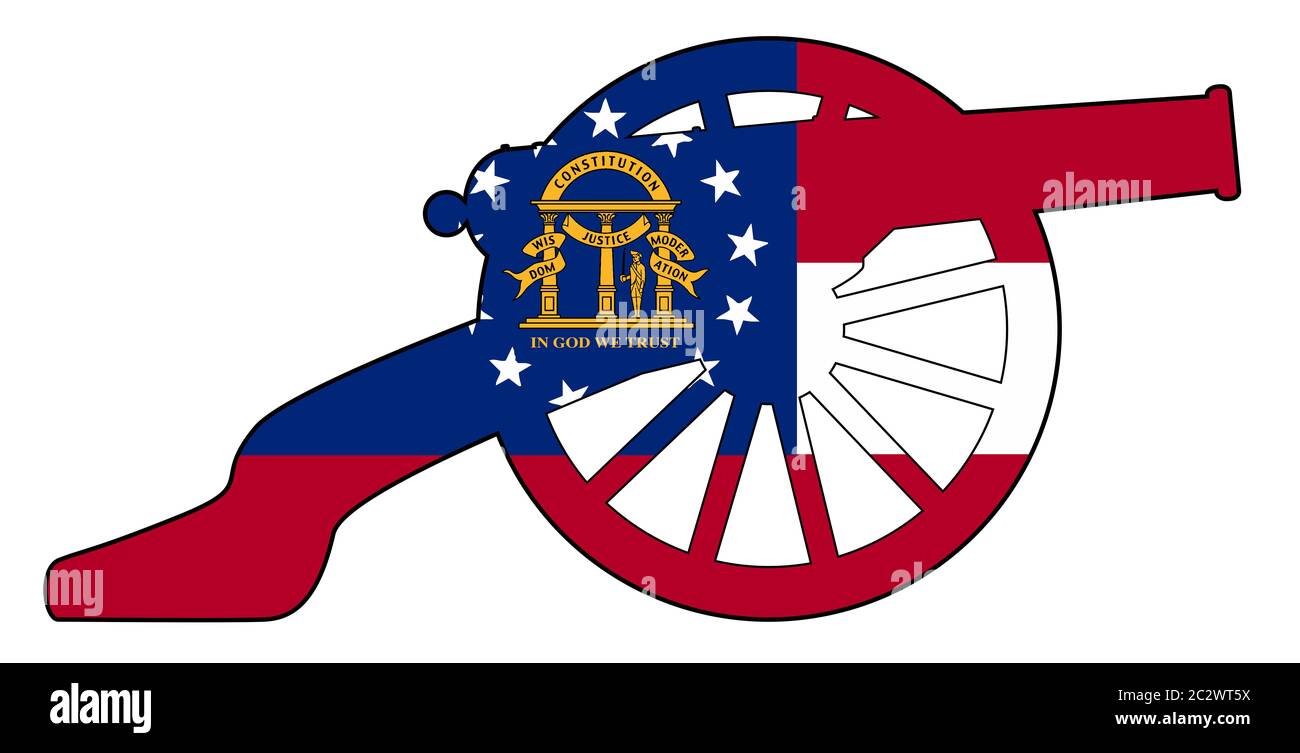 Typical American civil war cannon gun with Georgia state flag isolated on a white background Stock Photo