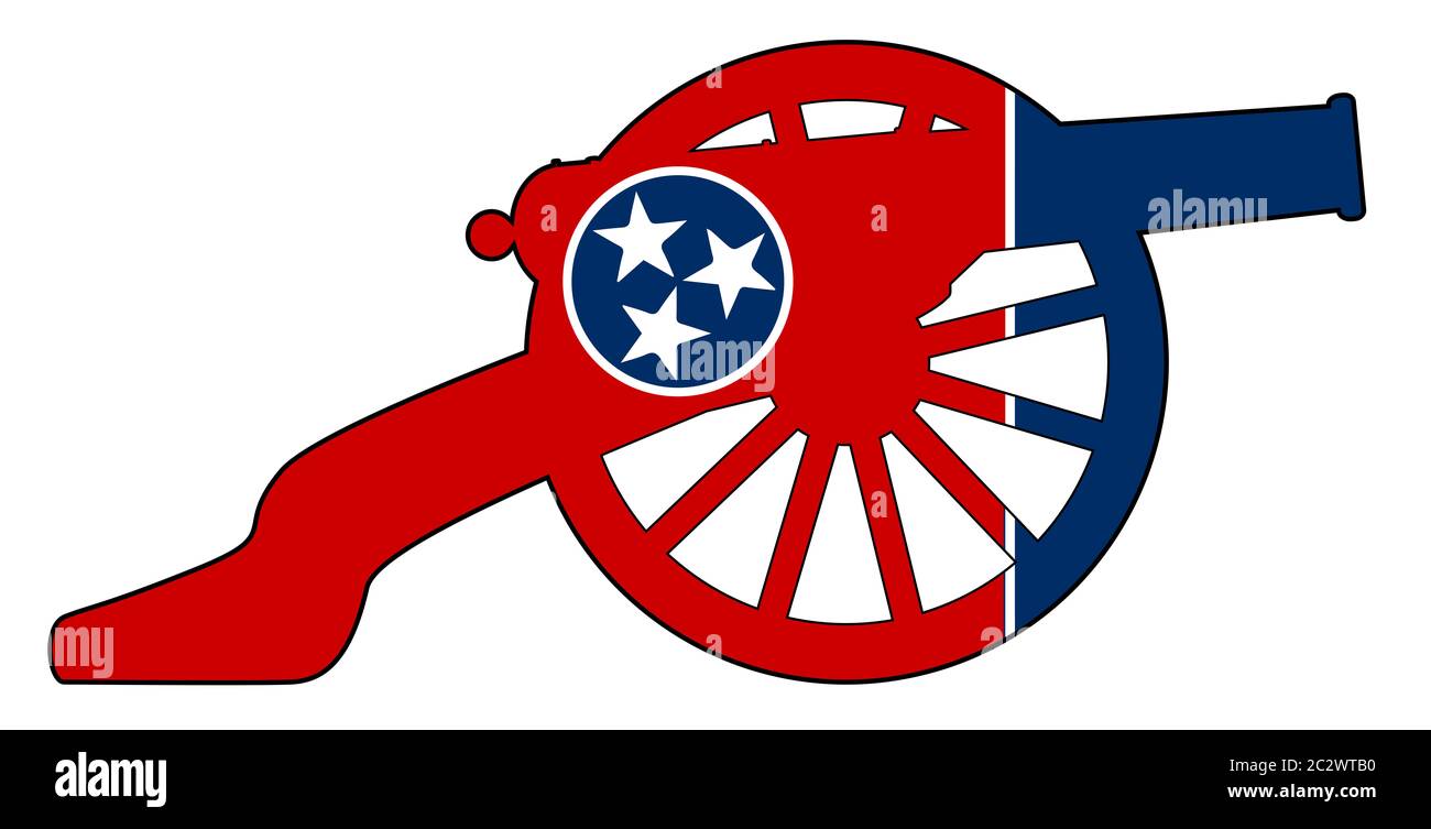Typical American civil war cannon gun with Tennessee state flag isolated on a white background Stock Photo