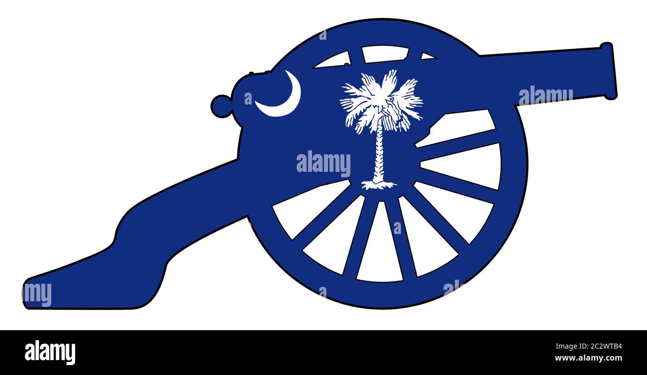 Typical American civil war cannon gun with South Carolina flag isolated on a white background Stock Photo