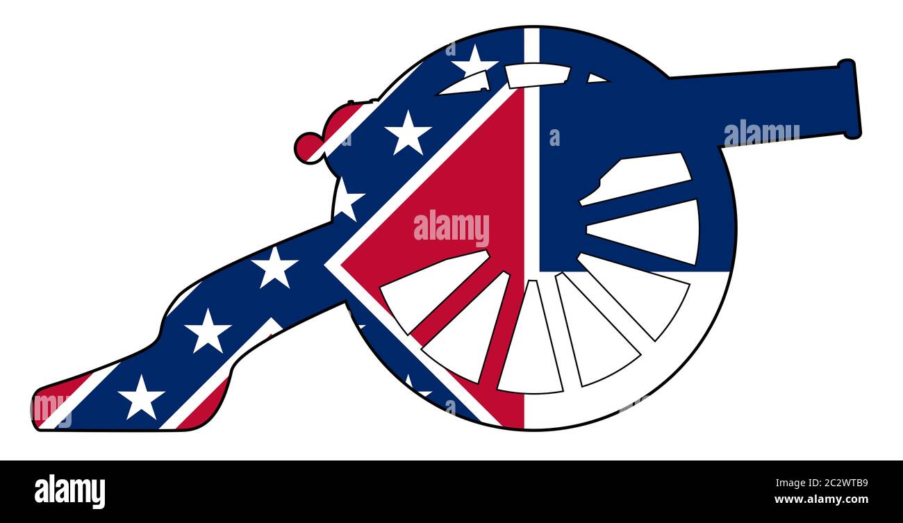 Typical American civil war cannon gun with Mississippi state flag isolated on a white background Stock Photo