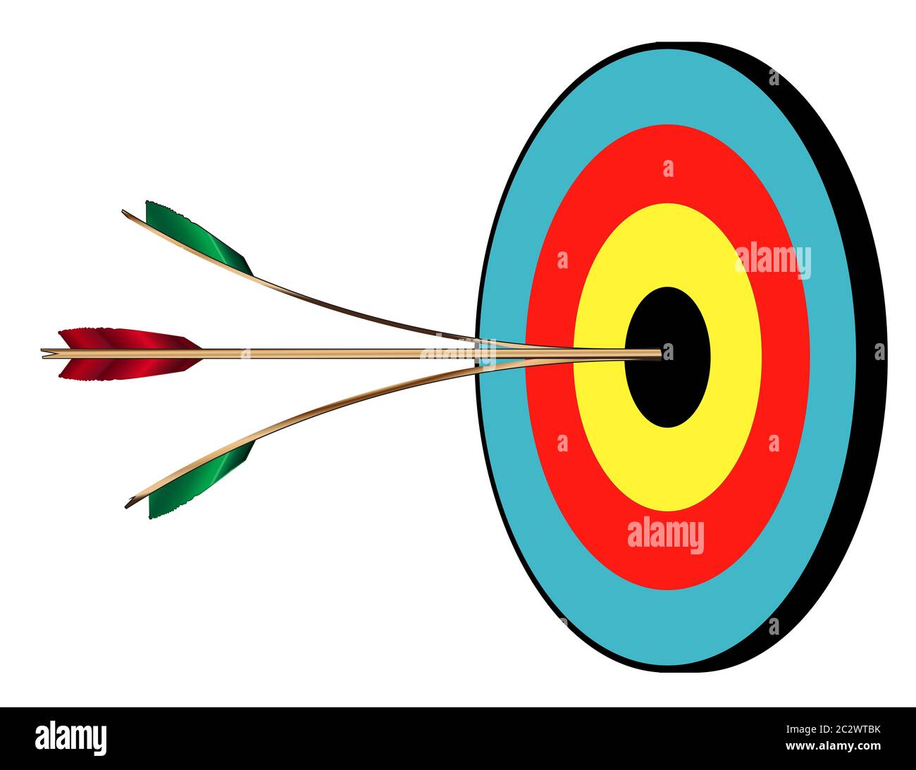 The target for a bow and arrow with two perfect bulls and a splitting