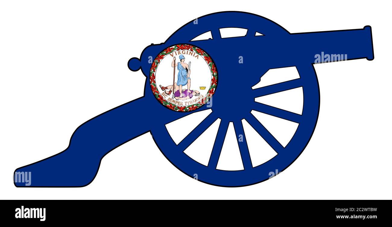Typical American civil war cannon gun with Virginia state flag isolated on a white background Stock Photo