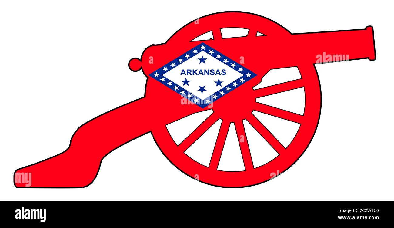 Typical American civil war cannon gun with Arkansas state flag isolated on a white background Stock Photo