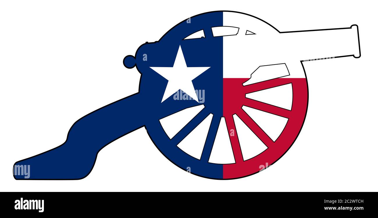 Typical American civil war cannon gun with Texas flag isolated on a white background Stock Photo