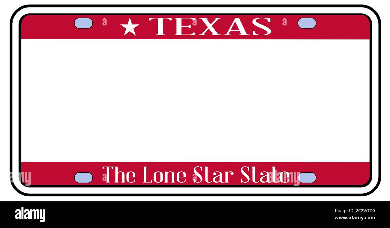 Blank Texas state license plate in the colors of the state flag with
