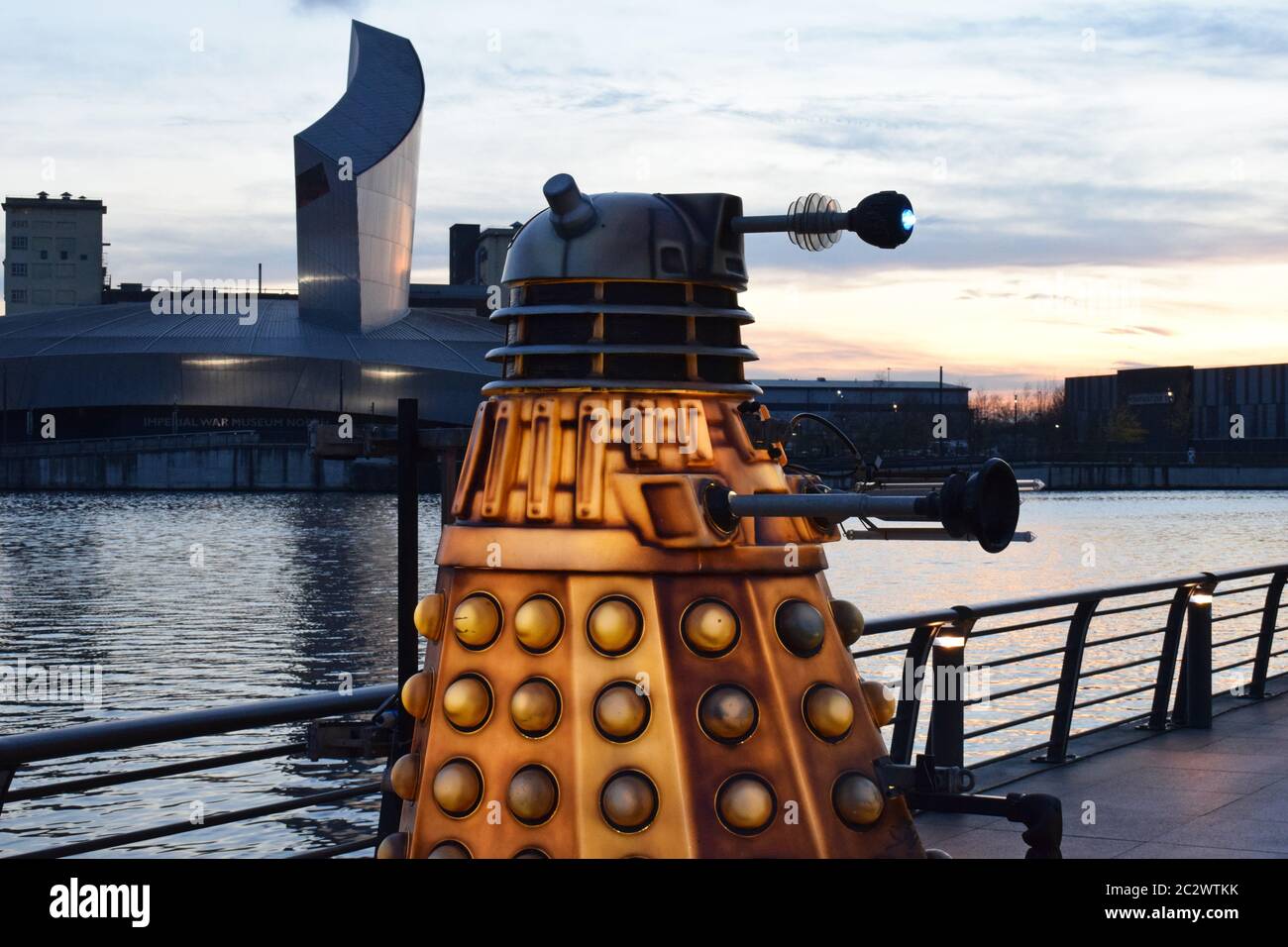 Side view of dalek at Salford Quays, Media City, Manchester UK  part of the Lightwaves exhibition. Stock Photo