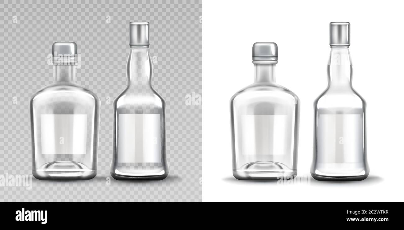 Download Glass Bottles Various Shapes Set Vodka Rum Whiskey Alcohol Drinks Empty Flasks Design Template Photorealistic Mockup Isolated On Transparent And W Stock Vector Image Art Alamy