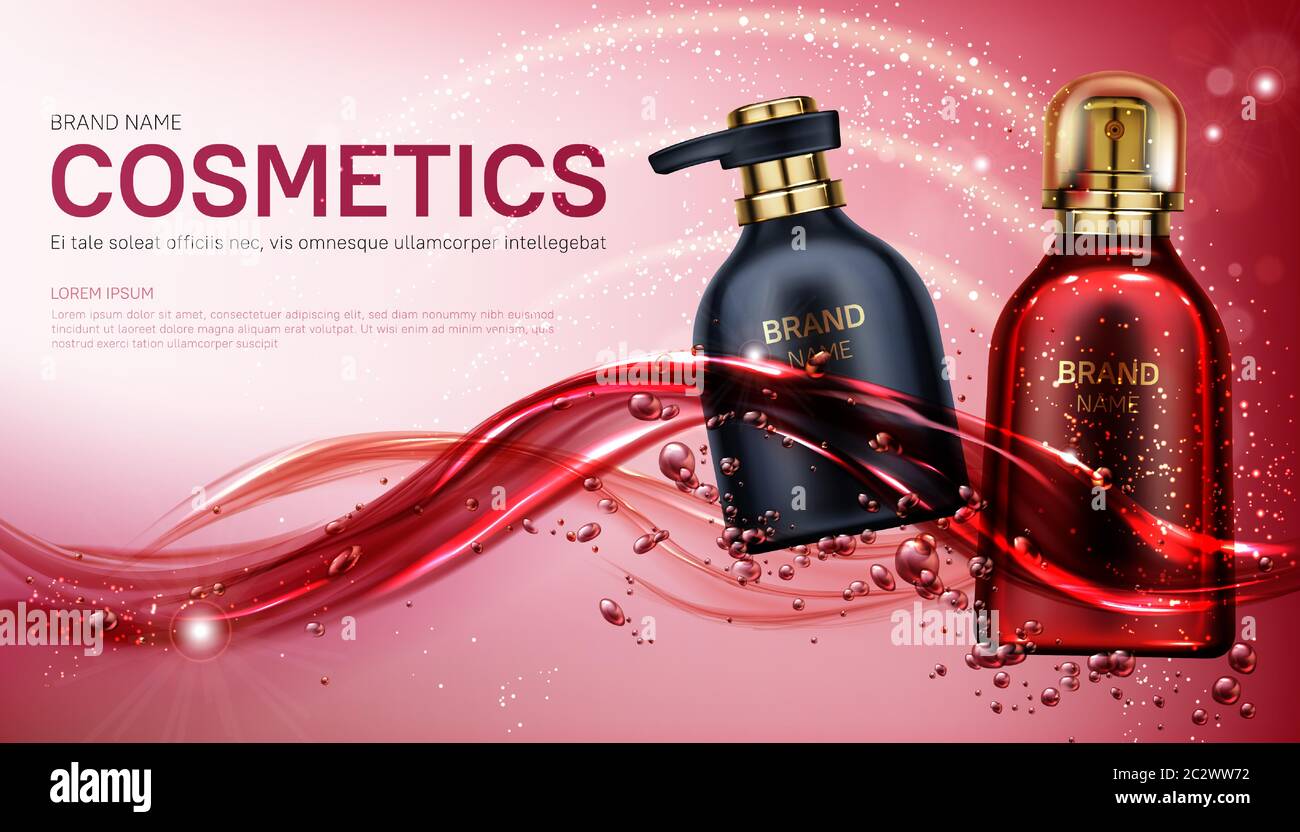 Cosmetics bottles mock up banner. Beauty product package design, red and  black pump and spray tubes floating on water splash background. Body care  cos Stock Vector Image & Art - Alamy