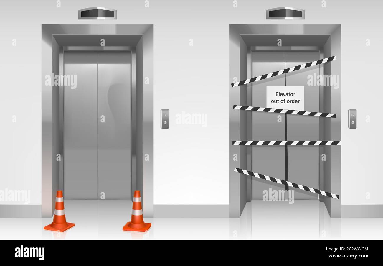 Out of order elevator with closed broken door, warning stripes and traffic cones in office or house hallway. Vector realistic illustration of modern l Stock Vector