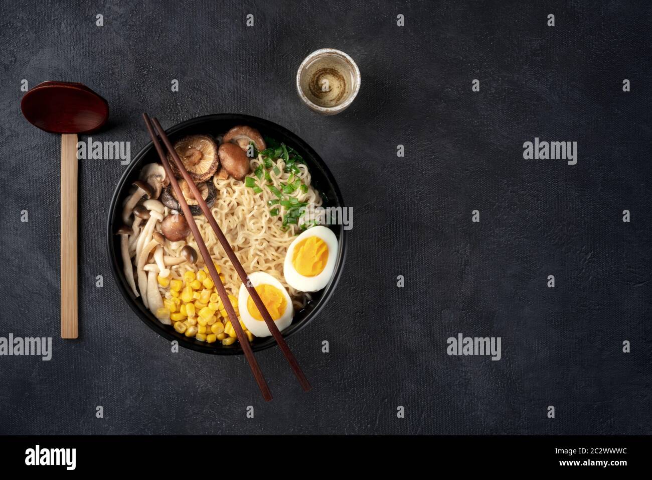 Ramen. Soba noodles with an egg, shiitake and enoki mushrooms, corn and