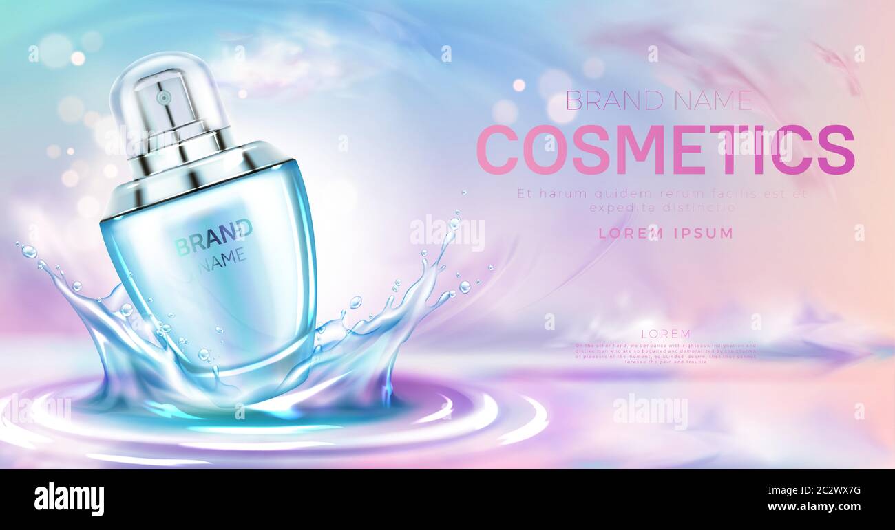 Cosmetics perfume bottle on splashing water surface with circles on