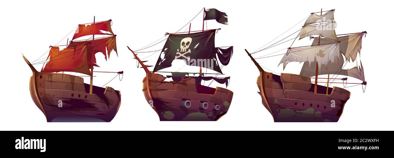 Ships after shipwreck, old broken sail boats. Vector cartoon abandoned or sunken galleon, pirate vessel with black flag and skull after sea battle iso Stock Vector