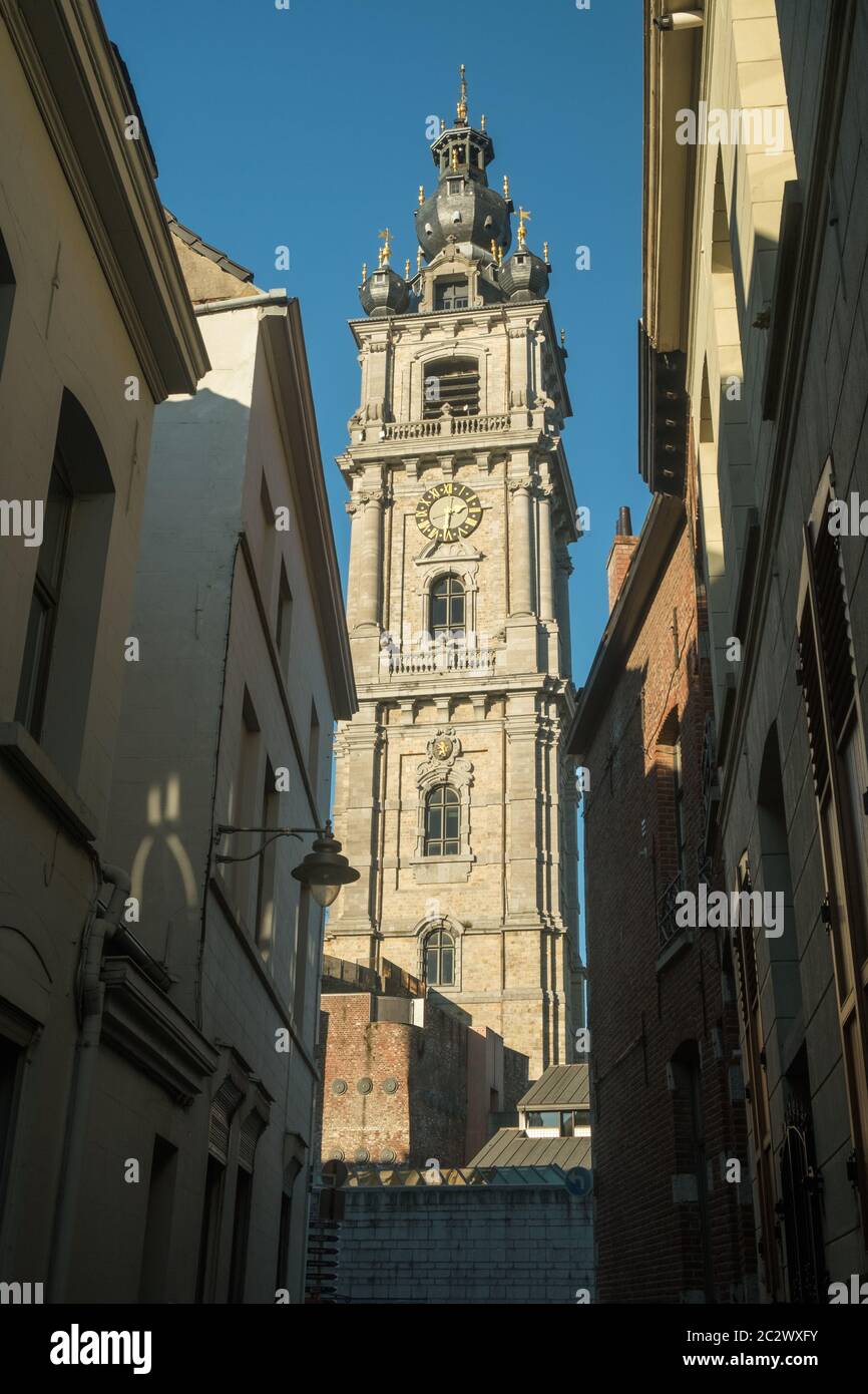The Belfry of Mons offers panoramic views over the region. It dates from the 17th century and is a rare example of a baroque belfry. Stock Photo