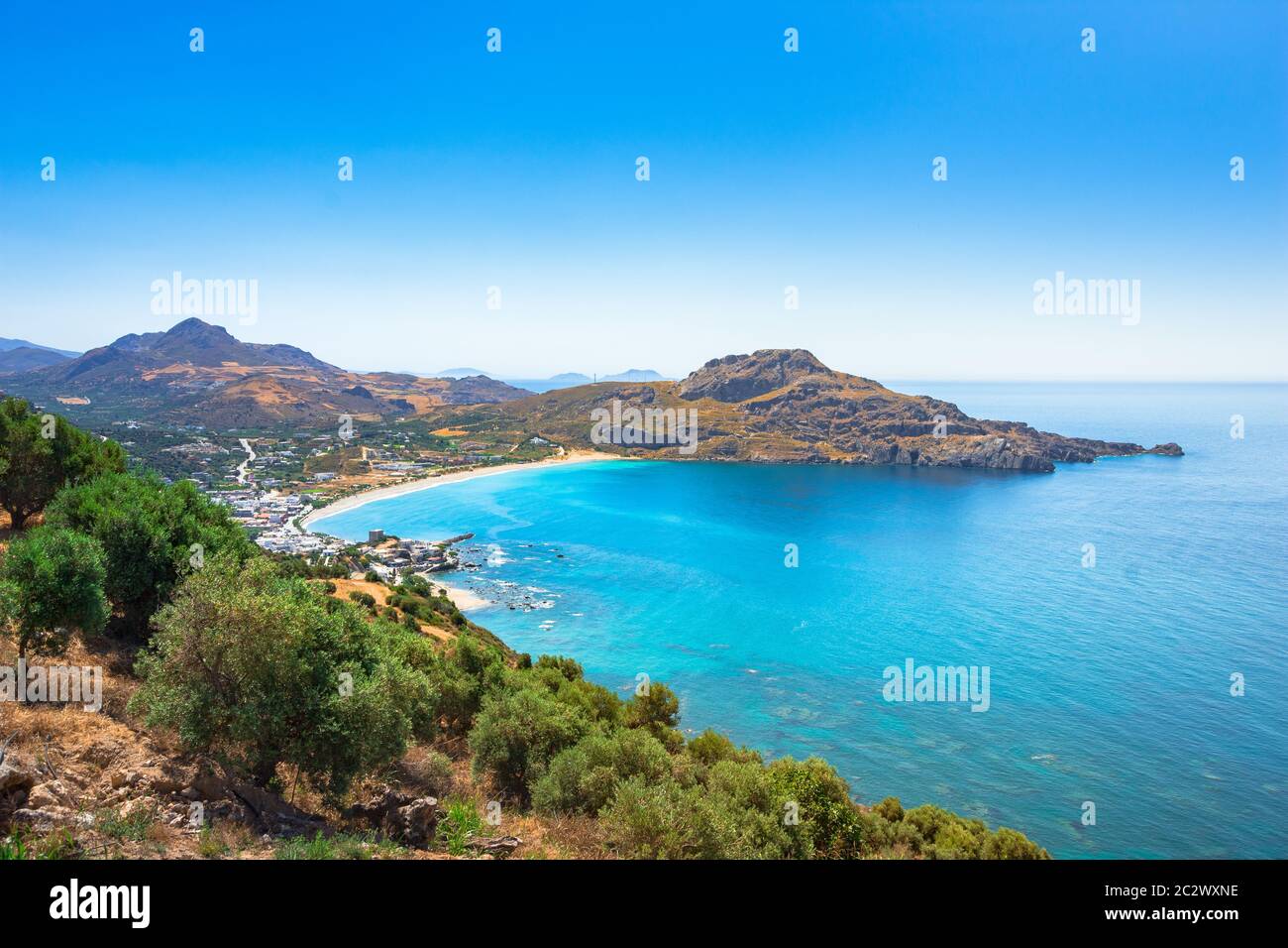 Beautiful beach of the fishing village of Plakias, Crete, Greece Stock Photo