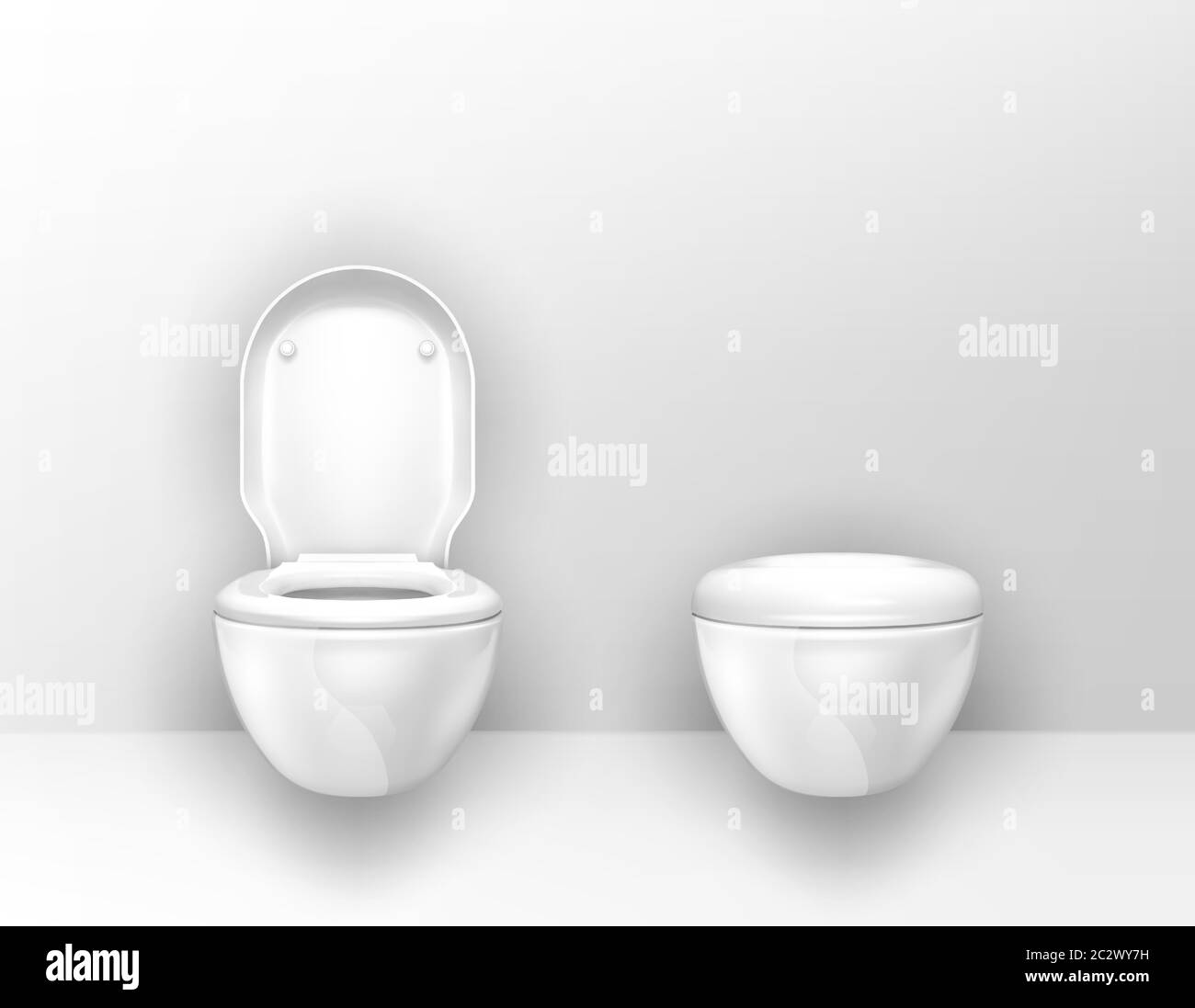 Toilet bowls mounted on wall in WC. Vector realistic interior of empty restroom, modern lavatory with suspended white ceramic toilets with open and cl Stock Vector