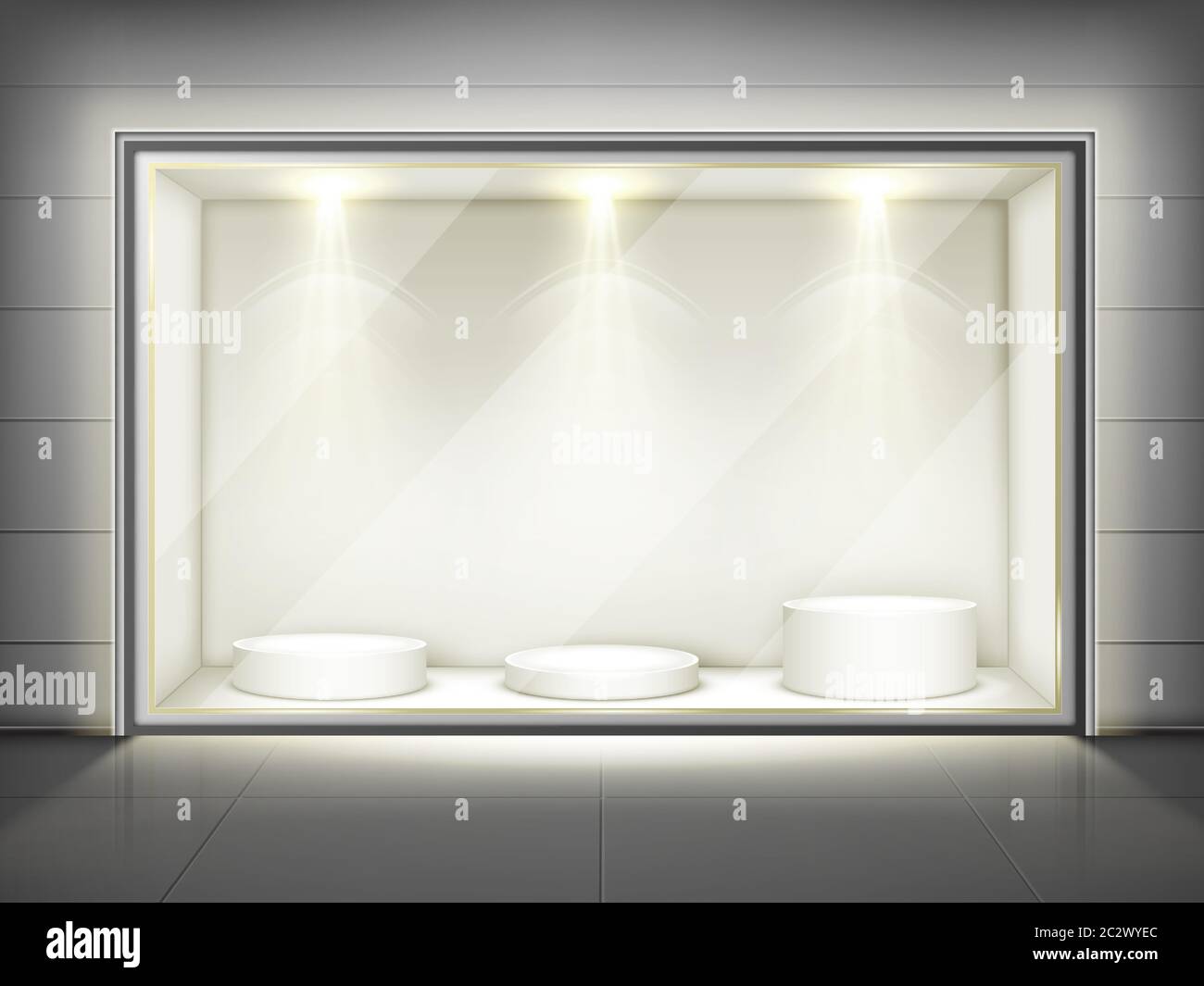 Showcase with glass wall, round podiums and spotlights. Vector realistic  mockup of empty display stand, storefront with transparent window for shop,  b Stock Vector Image & Art - Alamy