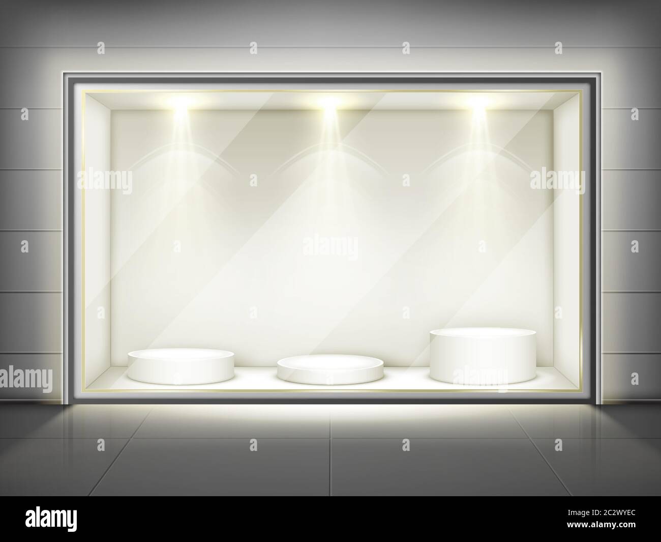 Download Showcase With Glass Wall Round Podiums And Spotlights Vector Realistic Mockup Of Empty Display Stand Storefront With Transparent Window For Shop B Stock Vector Image Art Alamy
