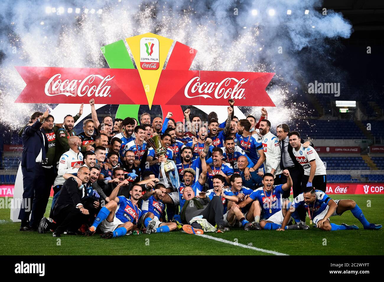 Rome, Italy - 17 June, 2020: Players of SSC Napoli celebrate with the trophy during the awards ceremony at end of the Coppa Italia final football match between SSC Napoli and Juventus FC. SSC Napoli won 4-2 over Juventus FC after penalty kicks, regular time ended 0-0. Credit: Nicolò Campo/Alamy Live News Stock Photo