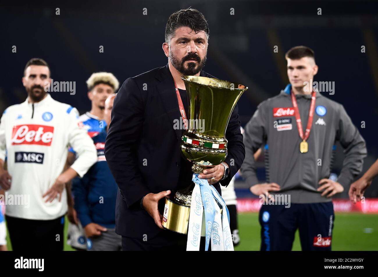 Rome, Italy - 17 June, 2020: Gennaro Gattuso, head coach of SSC Napoli, celebrates with the trophy during the awards ceremony at end of the Coppa Italia final football match between SSC Napoli and Juventus FC. SSC Napoli won 4-2 over Juventus FC after penalty kicks, regular time ended 0-0. Credit: Nicolò Campo/Alamy Live News Stock Photo