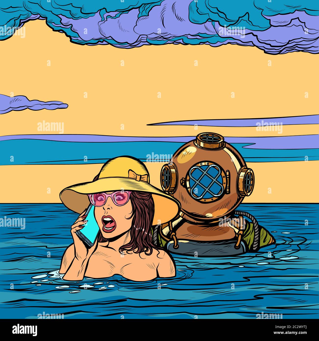 Diver rescues drowning woman. Pop art retro vector illustration drawing
