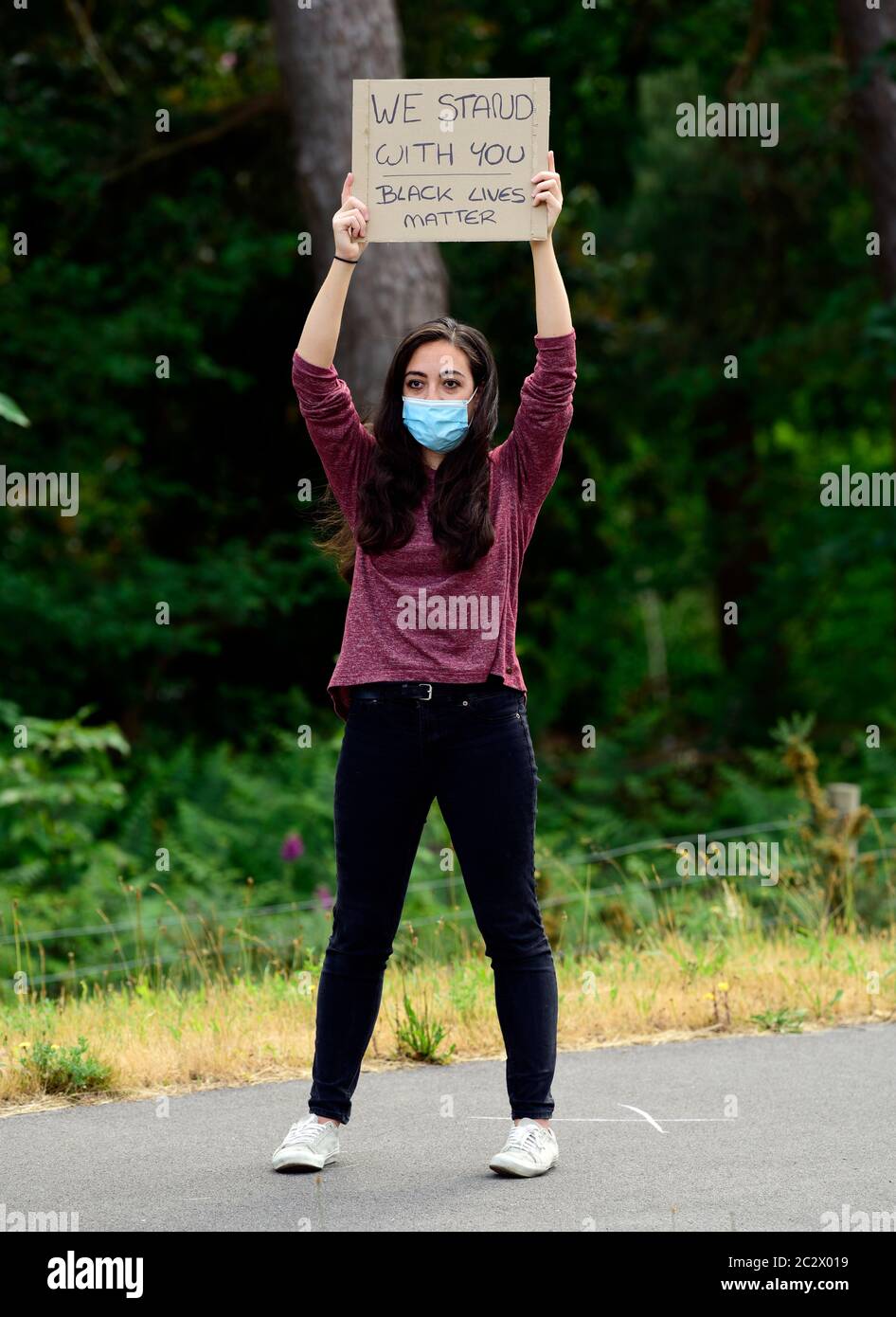 Black Lives Matter protest following the killing of George Floyd (14 October 1973-25 May 2020) in the USA by police officer, Bordon, Hampshire, UK. Stock Photo