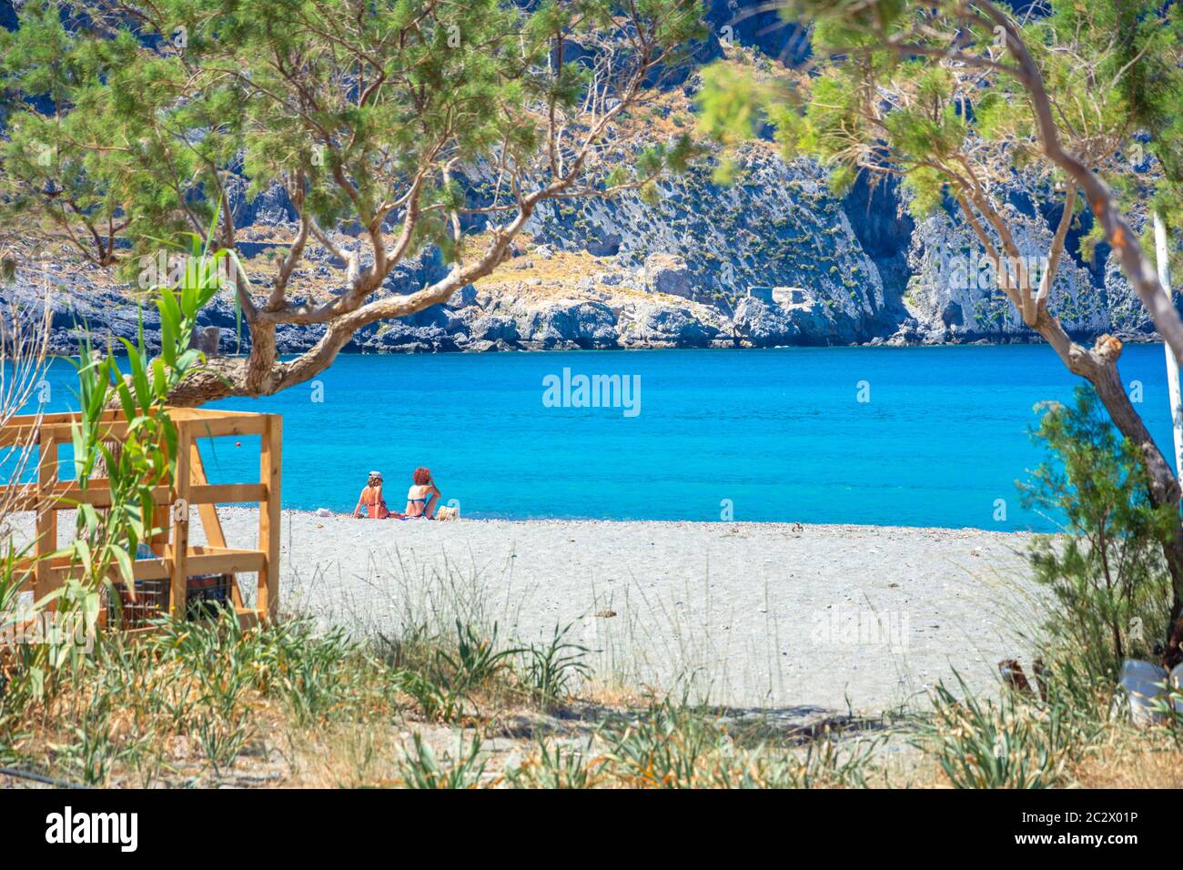 Beautiful beach of the fishing village of Plakias, Crete, Greece Stock Photo