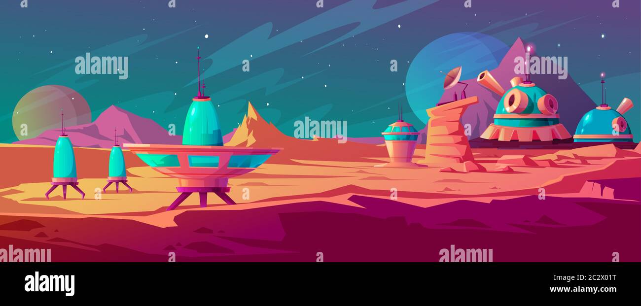 Landscape of Mars surface with colony buildings. Astronaut base on red planet. Vector cartoon futuristic illustration of space colonization, cosmos ex Stock Vector