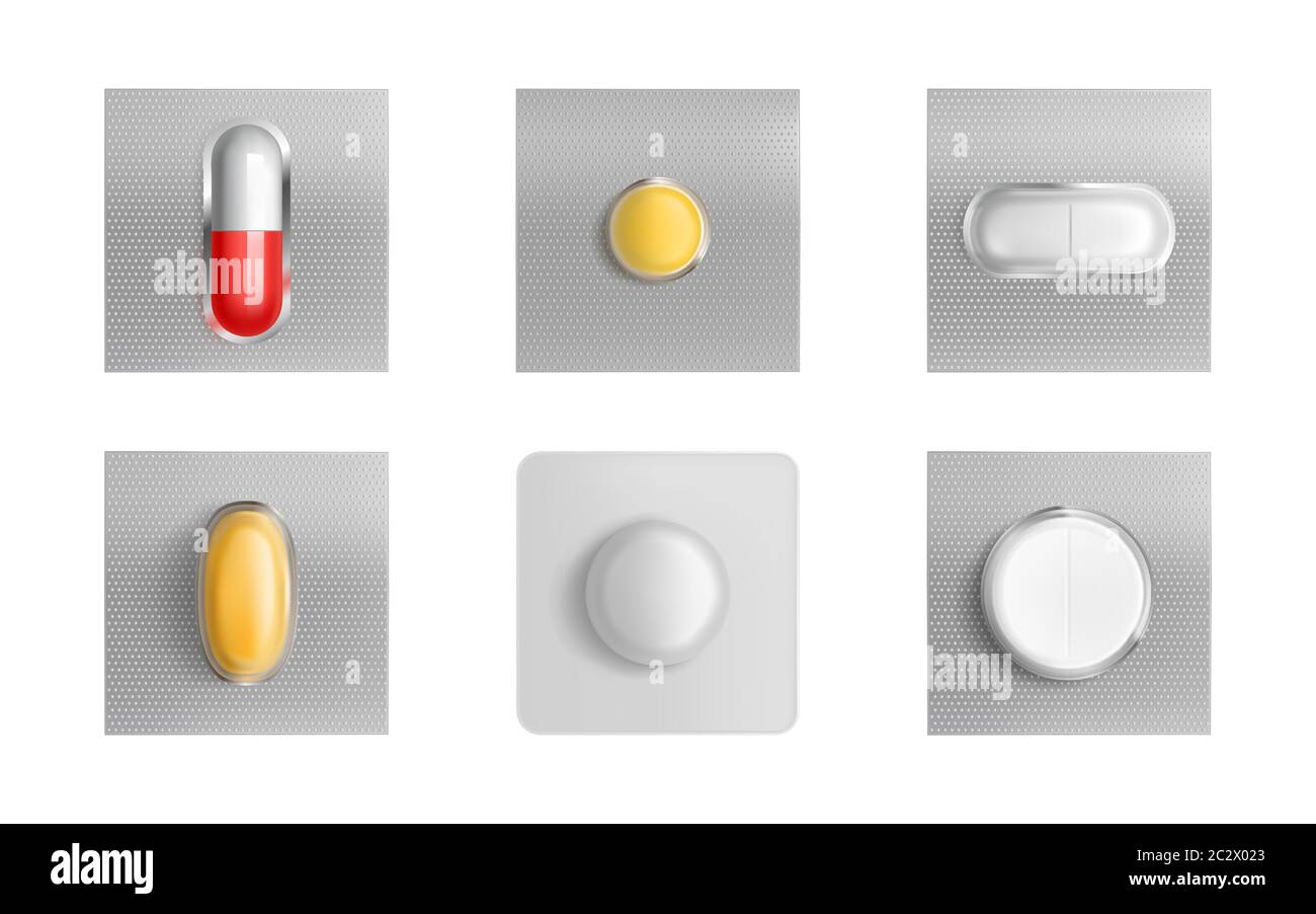 Pills blister pack set, medicine tablets and color capsules mock up isolated on white background. Painkiller remedy package design elements for advert Stock Vector
