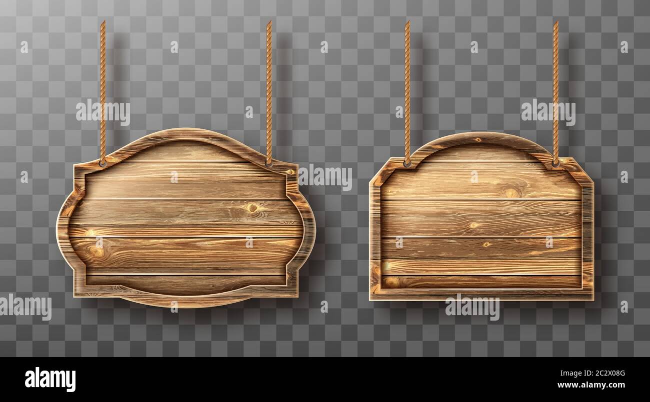 Wooden boards hang on ropes set. Realistic signboards with wood texture ...