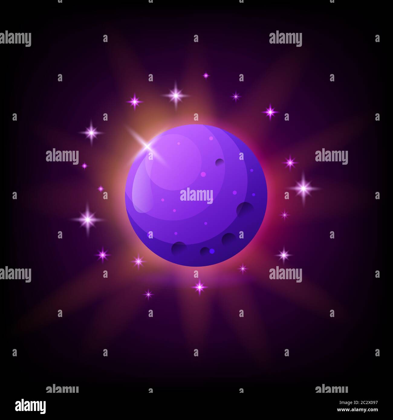 Purple planet with rings icon for game or mobile app on dark background. Alien world vector illustration in cartoon style Stock Vector