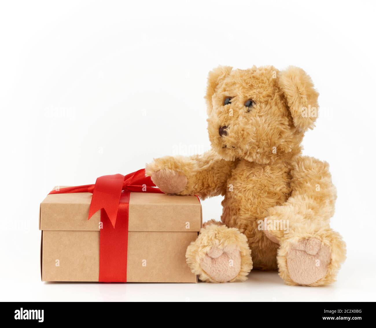 cute little brown teddy bear holds a brown box with a red ribbon on a ...