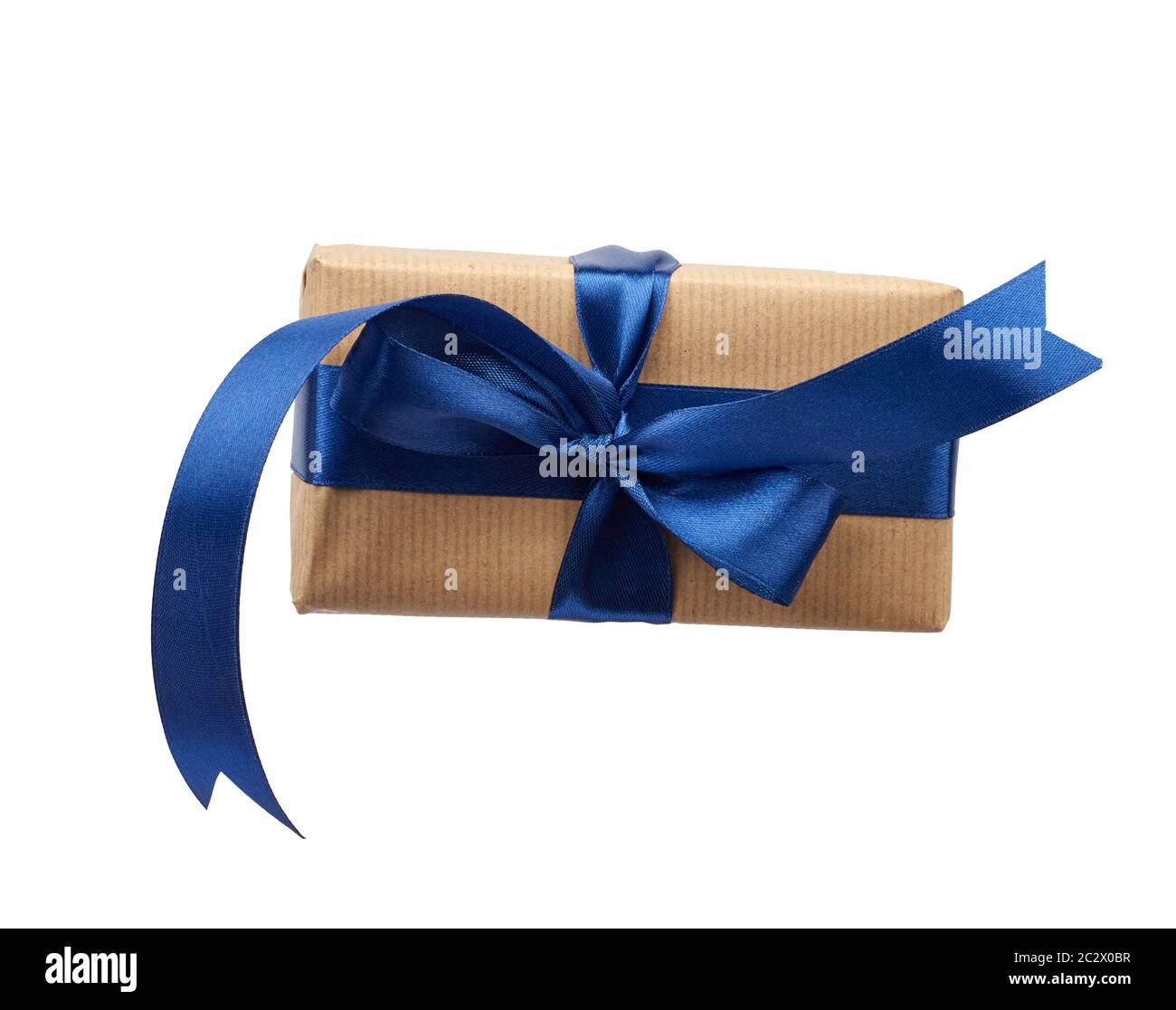 rectangle box wrapped in brown kraft paper and tied with a silk blue ...